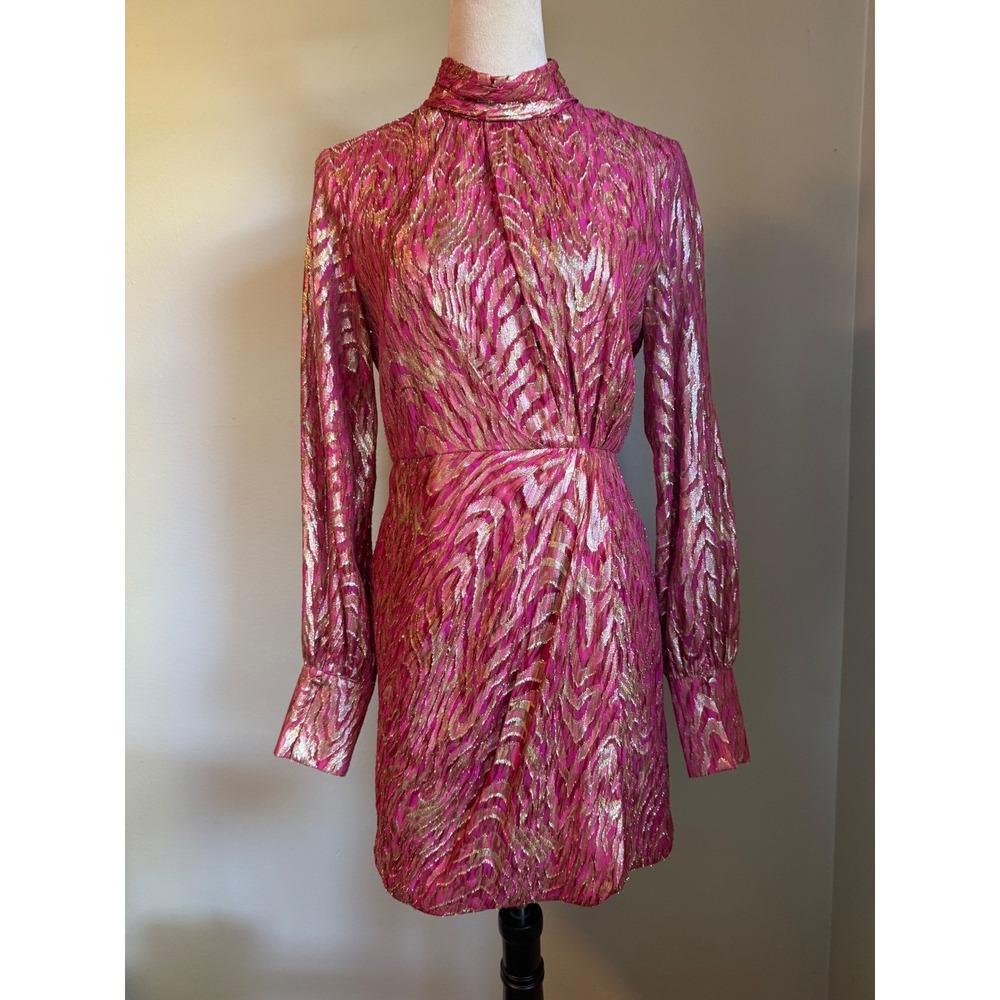 Jonathan Simkhai Pink Gold Metallic Mini Dress Mock Neck 6 y2k glam formal boho‎